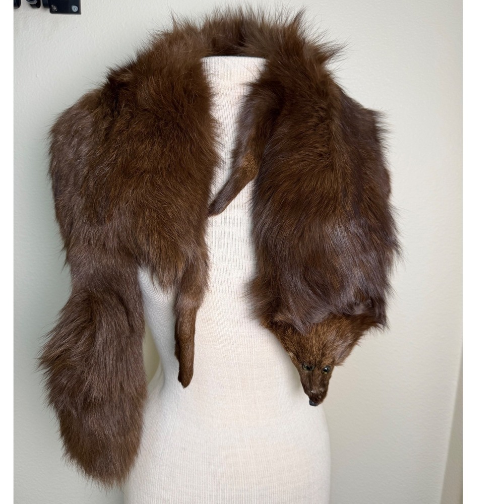 Vintage Whiskey Brown Wild Fox Fur Full Body Stole Wrap Satin lined 47 Inches